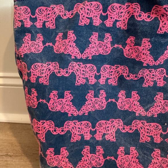 Lilly Pulitzer Elephant Printed Denim Tote Bag Navy Blue/Pink Distressed Carryal - Picture 7 of 12